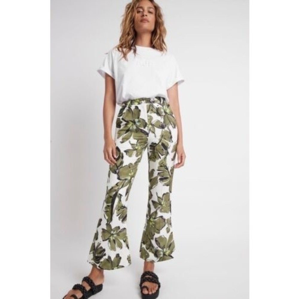 Aje Oasis Floral Print Linen Blend Flare Trousers Pants In Olive Leaf Sz US 2 XS